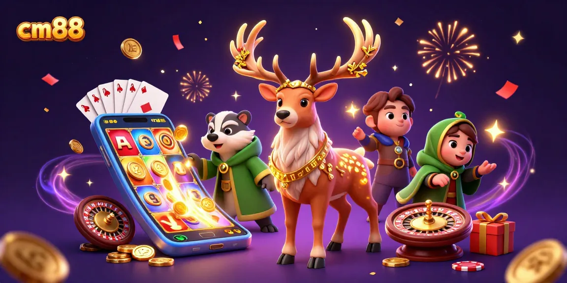 Experience thrilling games at cm88 with a vibrant scene of slot reels and golden coins.
