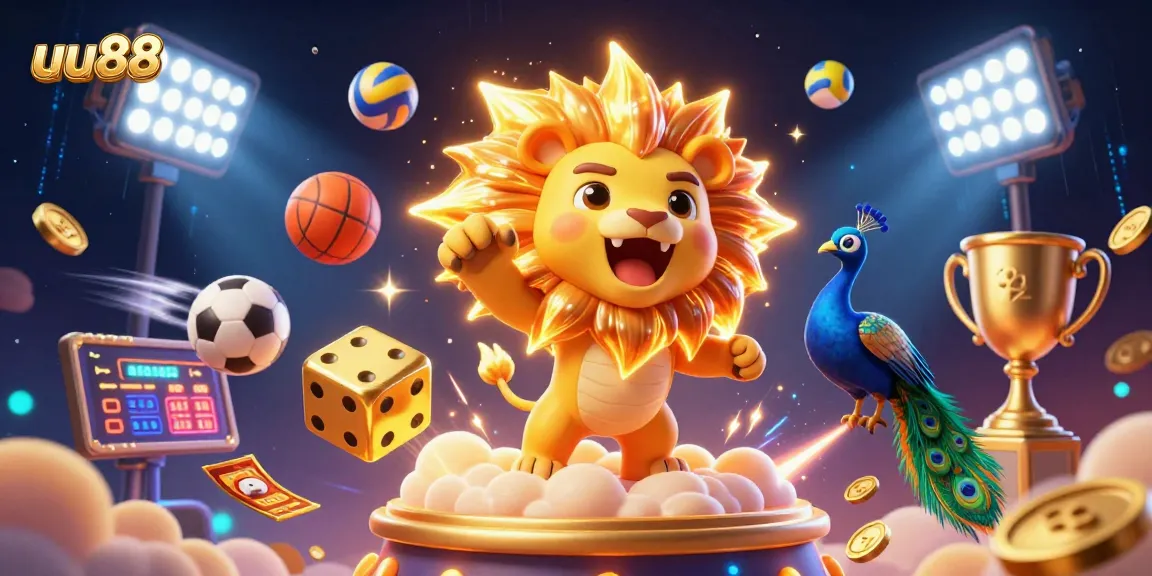 uu88 casino illustration showcasing a triumphant lion amidst vibrant gambling elements.