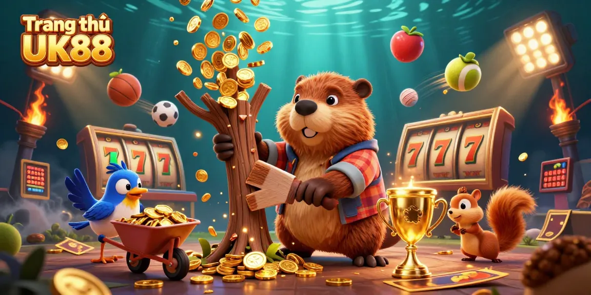 Engage with Trang chủ UK88's vibrant casino scene featuring a beaver, bird, and squirrel collecting golden rewards.