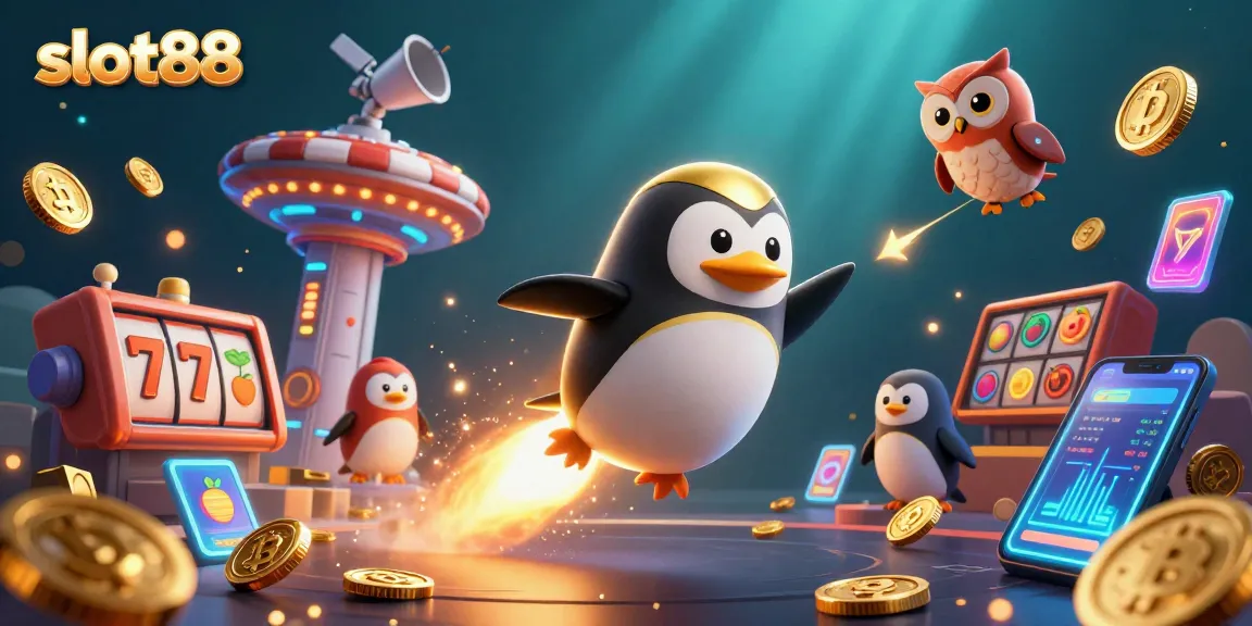 Slot88 mempersembahkan jackpot menarik dengan penguin emas dan koin di luar angkasa