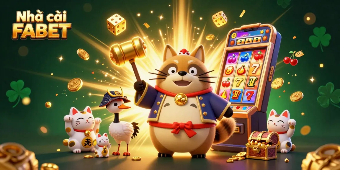Experience Nhà cái FABET with vibrant casino thrills and lucky symbols in an interactive illustration.