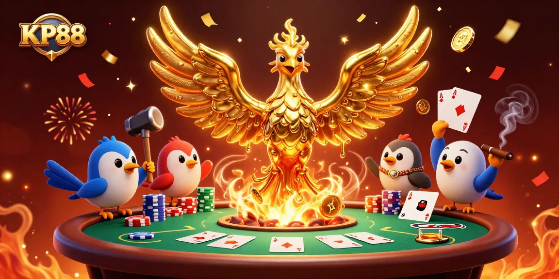KP88 engages players in thrilling poker with a molten metal phoenix and vivid chips in action.