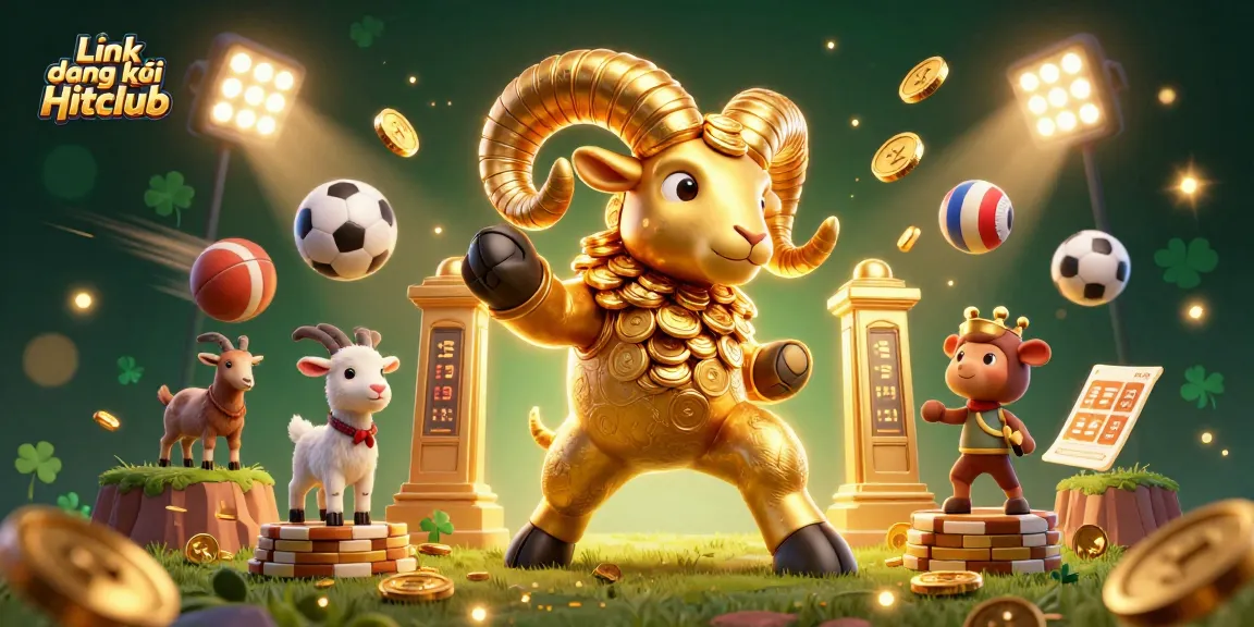 Engage with the exciting Link đăng ký Hitclub experience, featuring a 3D golden ram charging through a virtual casino scene.