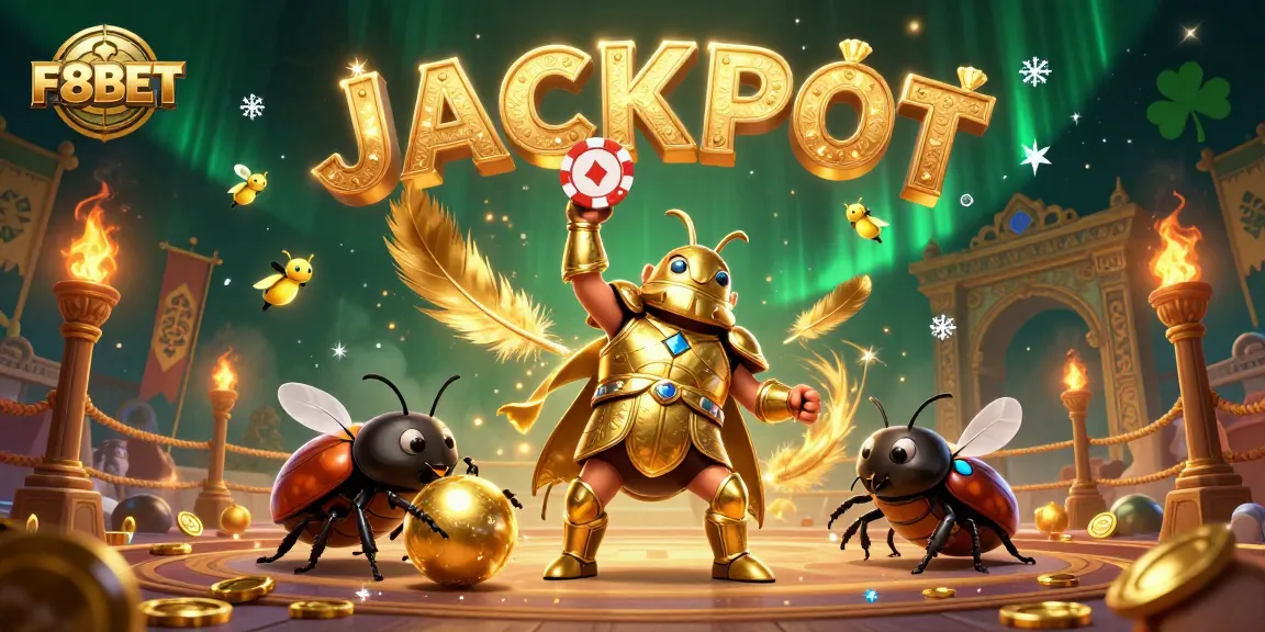 Experience F8BET's jackpot glory with a victorious beetle champion and vibrant casino elements surrounding them.
