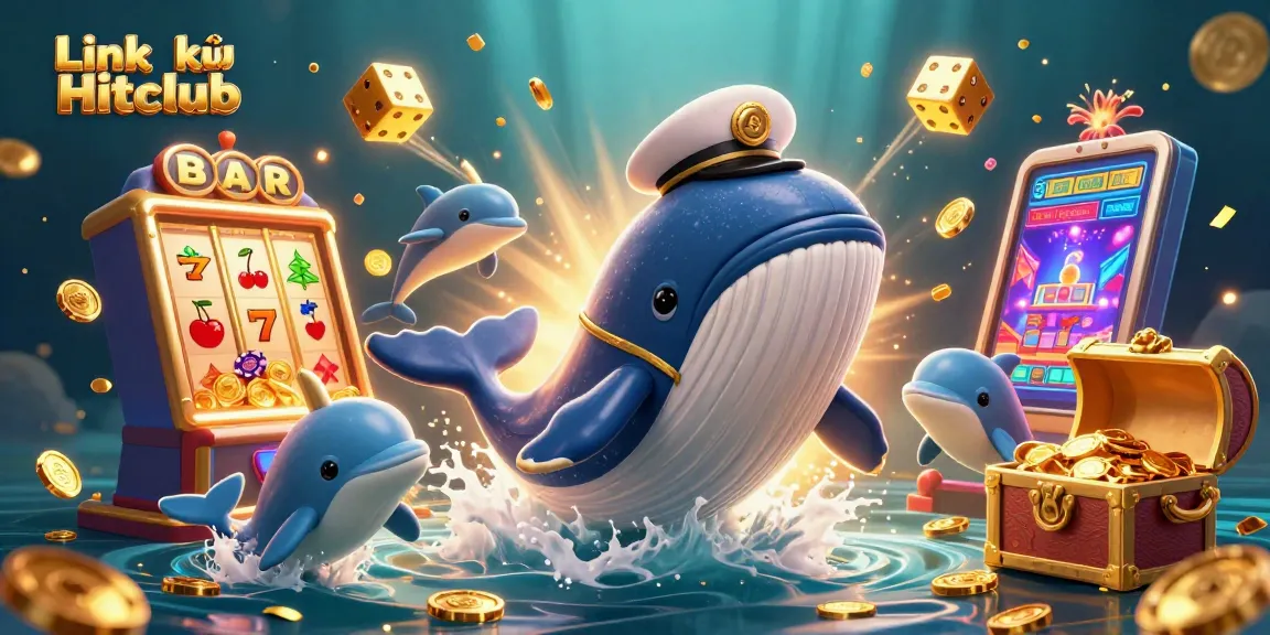 Join the excitement with Link đăng ký Hitclub, featuring a vibrant 3D casino scene bursting with colorful slots and prizes.