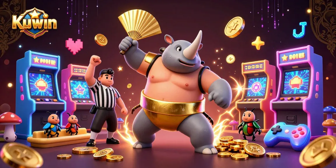 Kuwin's energetic casino atmosphere features a rhinoceros beetle champion surrounded by flying coins and arcade machines.