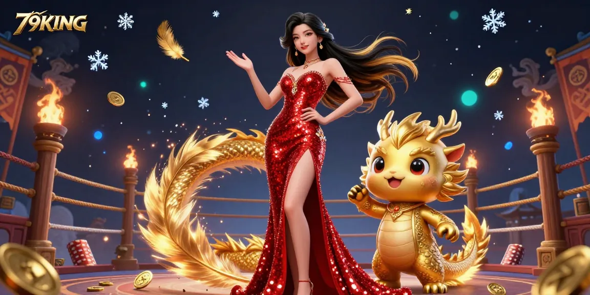 Engage with thrilling 79KING casino games featuring a confident Asian woman and vibrant dragon mascot.