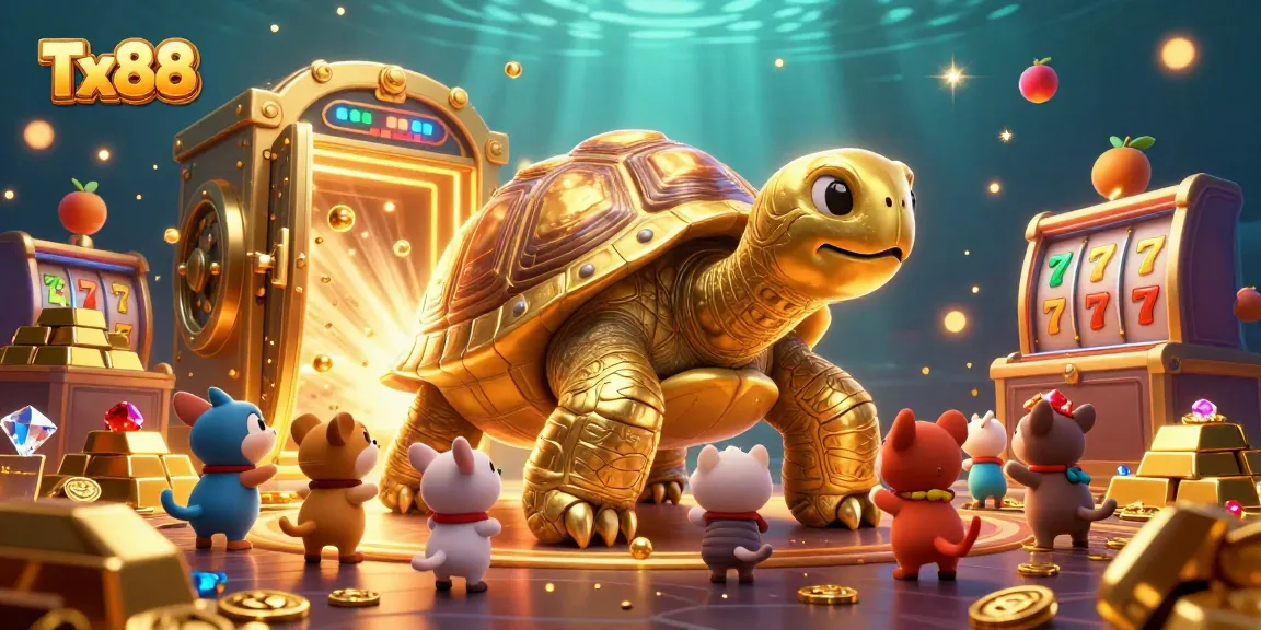 Experience the thrilling world of Tx88 casino with vibrant gambling elements and a joyful golden tortoise.