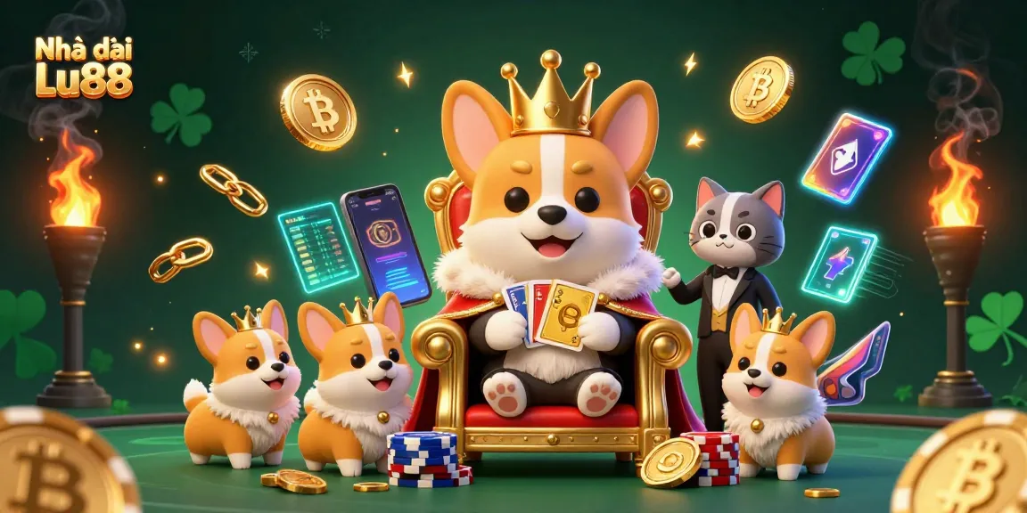 Experience excitement as Nhà cái Lu88 shines with a royal corgi and vibrant crypto elements.