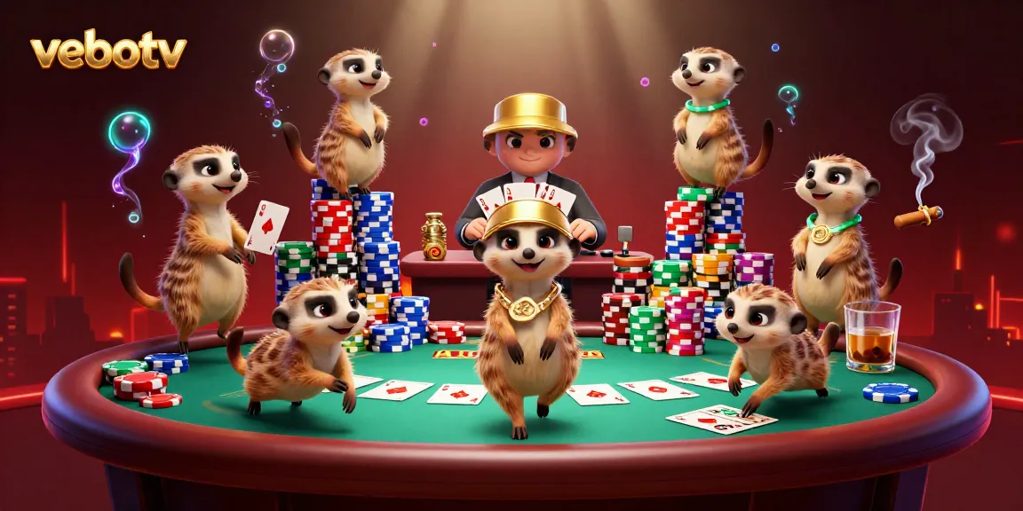 Experience vebotv's dynamic casino scene with meerkats managing games and sneaking chips.