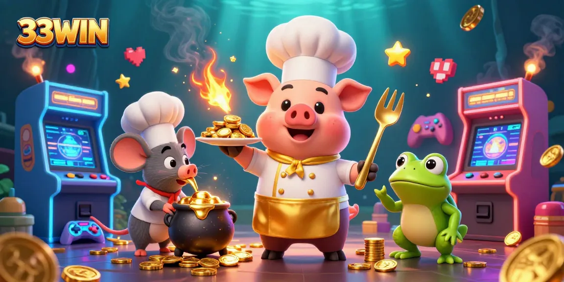 Engage with 33WIN's vibrant casino scene featuring gold coins, arcade flair, and a fun culinary theme.