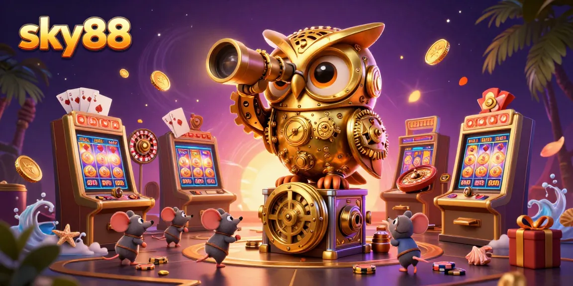 Engage with sky88's captivating 3D casino scene featuring an owl and gaming excitement.