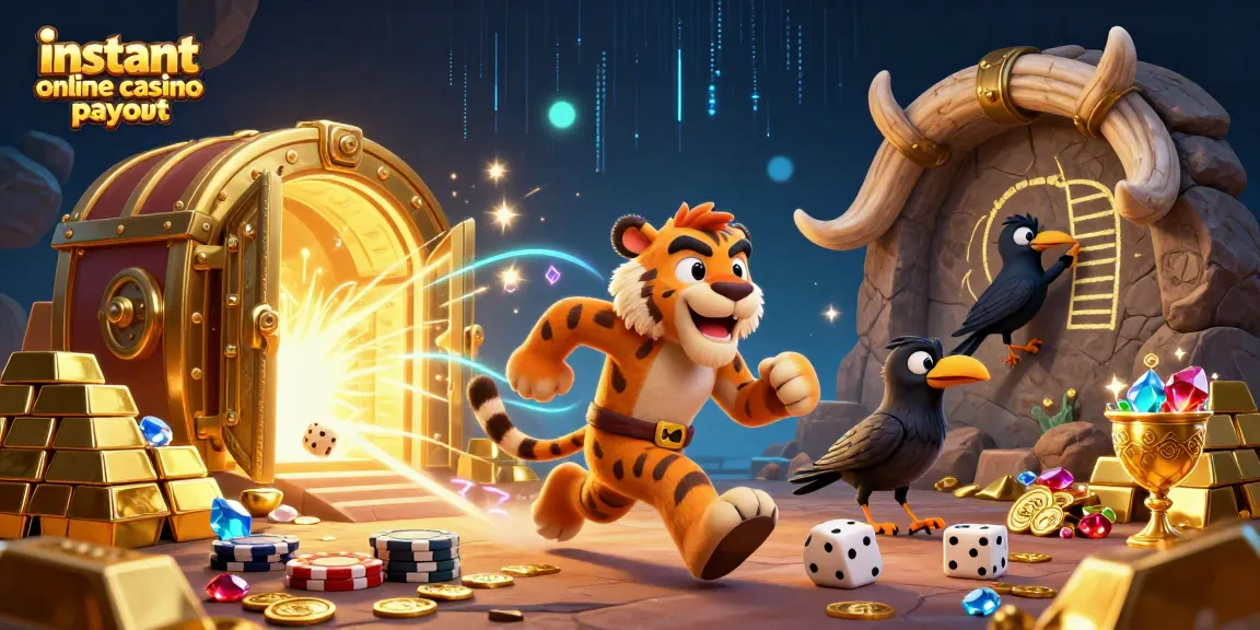 Experience instant online casino payout in a vibrant, dynamic 3D illustration with lively characters and rich casino elements.