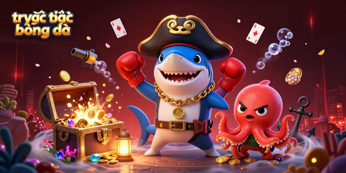 Experience the excitement of trực tiếp bóng đá with a lively scene featuring a pirate shark and treasures.