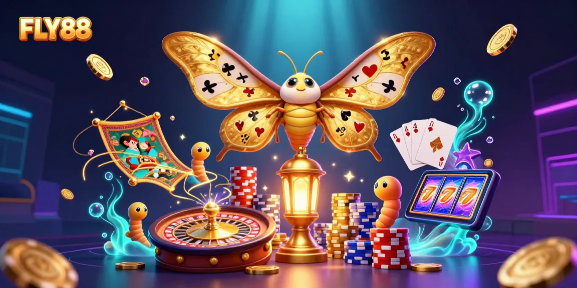 FLY88 spins the roulette with cascading coins, showcasing vibrant casino excitement in an immersive scene.