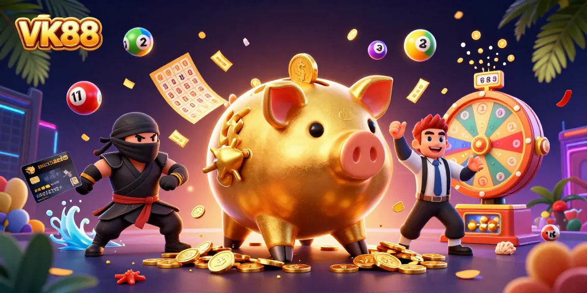 Engage in exciting betting experiences with VK88 as golden coins rain from a lively scene of lively casino characters.