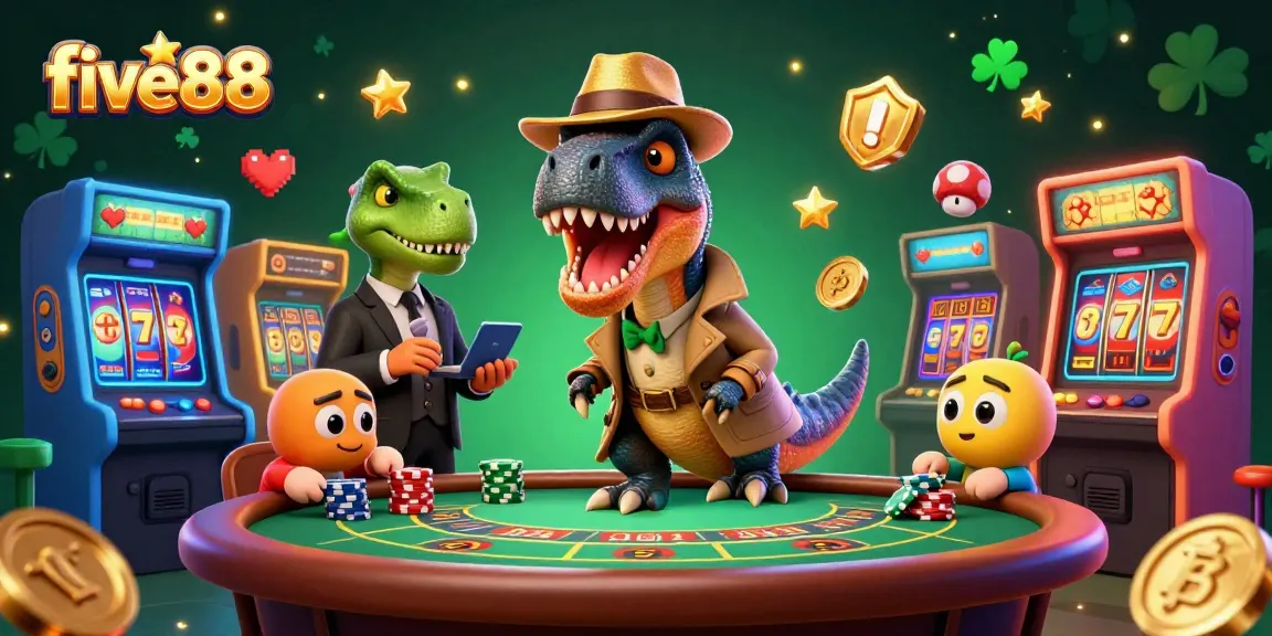 Experience high-energy gaming at five88 with dinosaur characters in a dynamic casino scene.