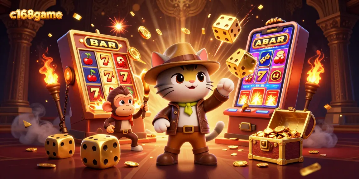 Experience exciting gameplay at c168game with a cartoon explorer cat discovering casino treasures.