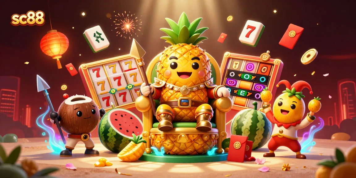 Experience thrilling gameplay at SC88, featuring a 3D cartoon pineapple king surrounded by vibrant casino elements.
