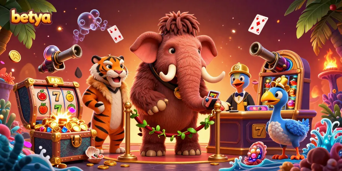 Betya casino scene showcasing a vibrant bouncer and guests with slot machines and treasures.