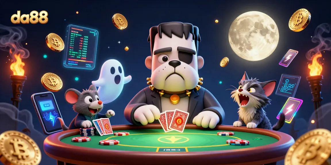 da88 players enjoy thrilling poker games featuring a Frankenstein bulldog dealer and crypto elements