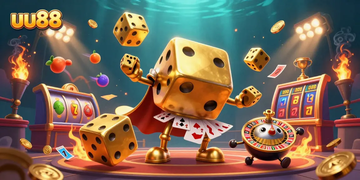 uu88 enhances gaming experience with a vibrant 3D casino illustration featuring golden dice and slot game elements.