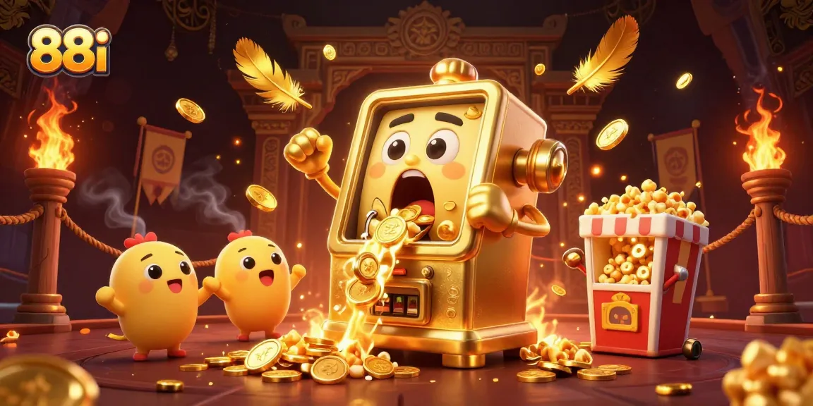 88i slot machine celebrates a jackpot victory, surrounded by cheerful slot friends and dynamic elements.