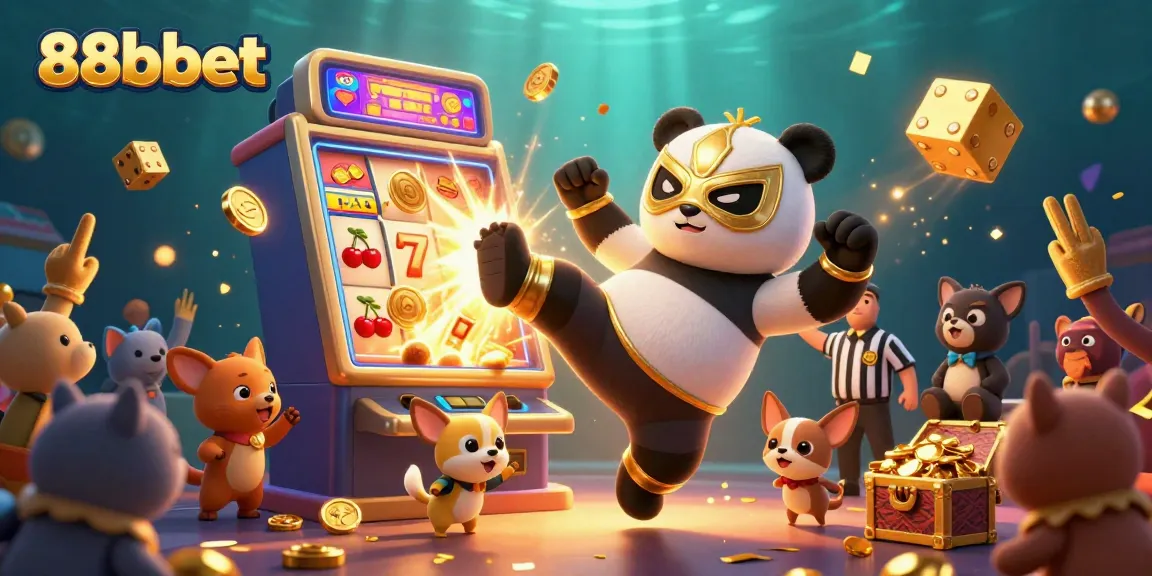 Experience the thrill of 88bbet as a panda wrestler takes a flying kick, surrounded by jackpot excitement.