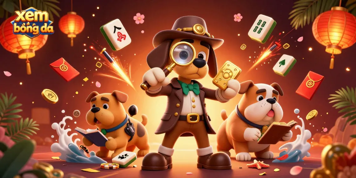 Xem bóng đá now with a cartoon detective examining poker chips surrounded by festive gambling elements.