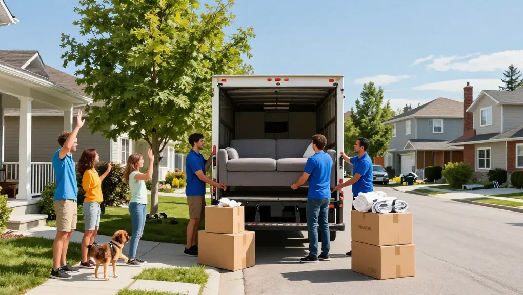 Calgary movers assisting a family during a move with a friendly atmosphere and organized moving materials.