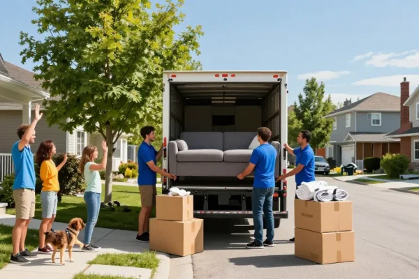 Calgary movers assisting a family during a move with a friendly atmosphere and organized moving materials.