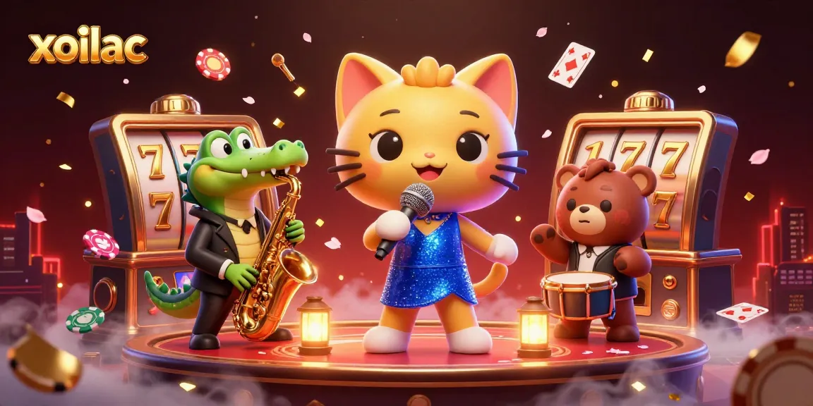 Xoilac's vibrant casino scene with a jazzy cat, saxophone crocodile, and bear cub surrounded by slot reels and poker cards.