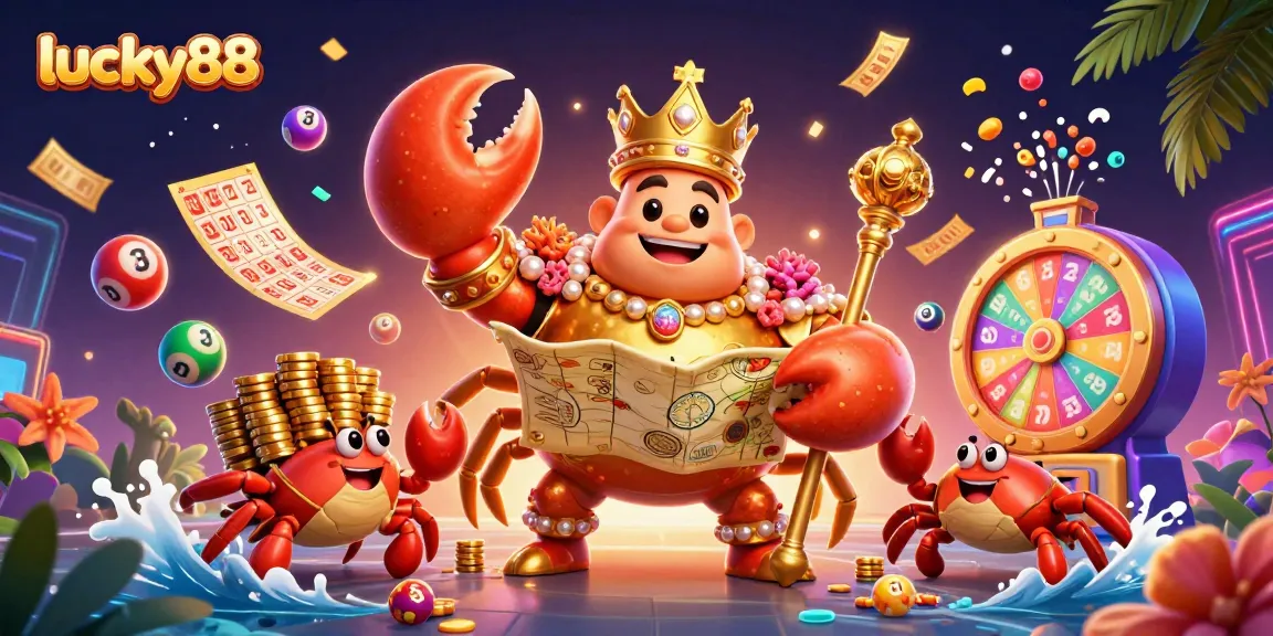 Spin to win at lucky88 with vibrant lottery elements and a majestic golden crab emperor.