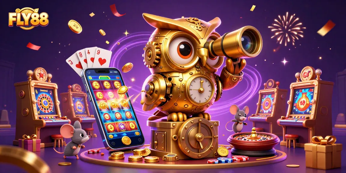 FLY88 rising golden owl overseeing vibrant casino action with riches and playful mice patrons