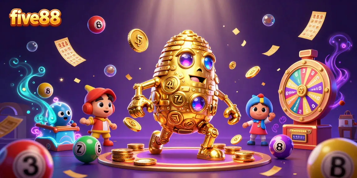 Experience the excitement of five88 with a vibrant illustration featuring dynamic lottery elements and a golden golem.