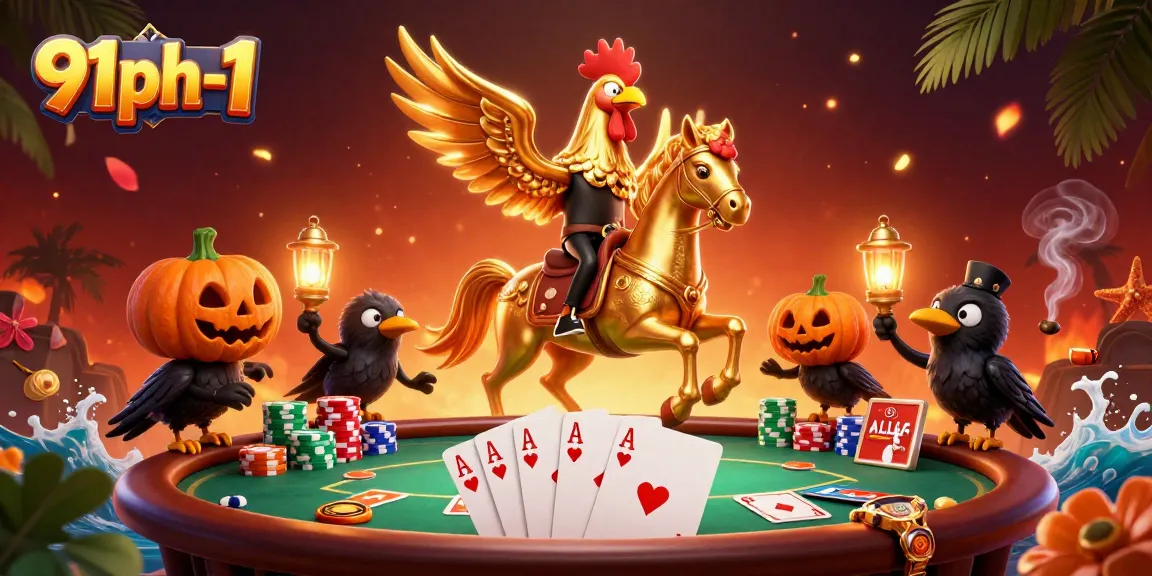 Engage with thrilling games at 91ph-1 while the golden rooster leads the adventure in a vibrant casino scene.