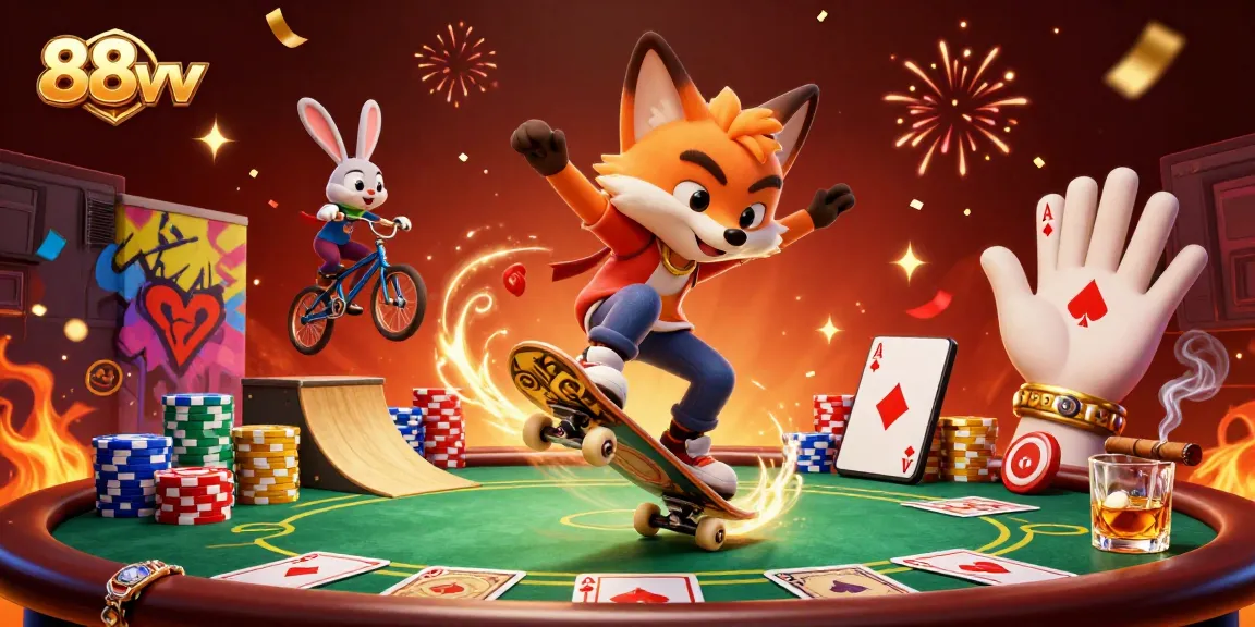 Join the 88vv action with a fox and rabbit in a vibrant casino-themed scene.