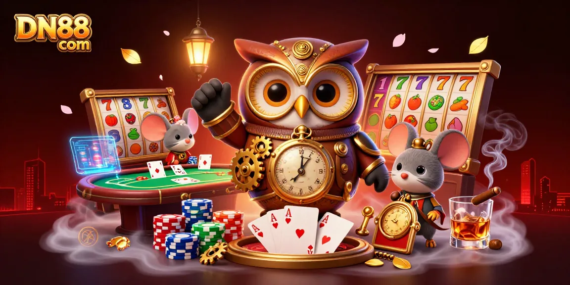 Experience excitement at DN88 com with a vibrant 3D casino scene featuring playful characters and colorful gambling elements.