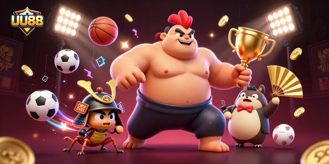 UU88 offers a vibrant 3D scene of a powerful sumo wrestler rooster, fierce samurai cricket, and a tanuki announcer amidst dynamic sports betting excitement.