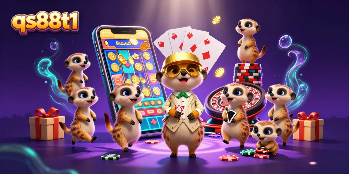 qs88t1 meerkats running a lively casino with vibrant colorful gaming elements.