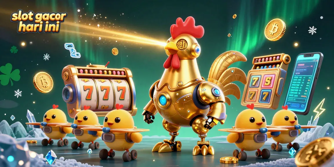 Engage with slots gacor hari ini in this vibrant 3D illustration of a golden rooster robot and baby chick drones.