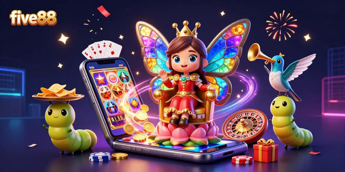 Experience the excitement of five88 with a vibrant 3D fantasy scene featuring a butterfly queen and casino elements.