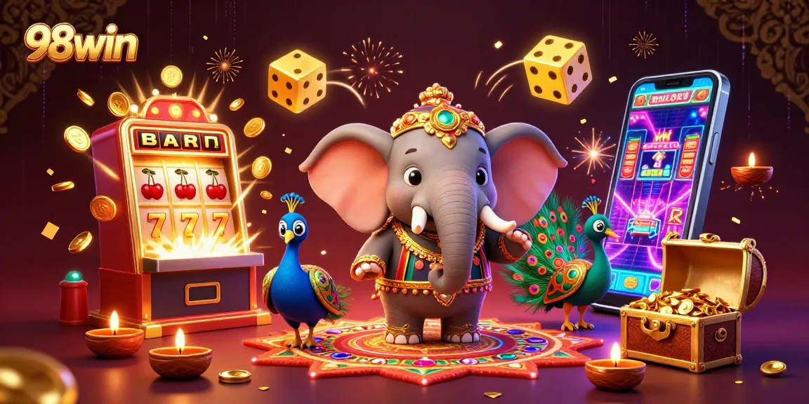 Engage with 98win’s vibrant casino atmosphere with a rich 3D illustration featuring joyful characters and dynamic gaming elements.