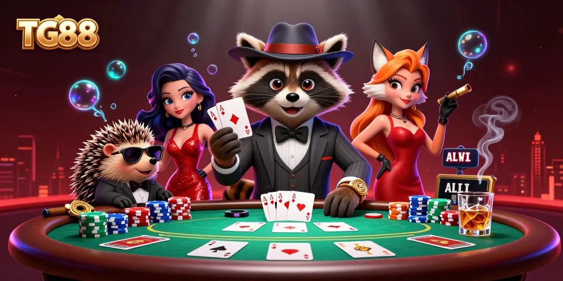 Experience the thrilling fun of TG88 with a raccoon, fox, and hedgehog in a vibrant poker scene!