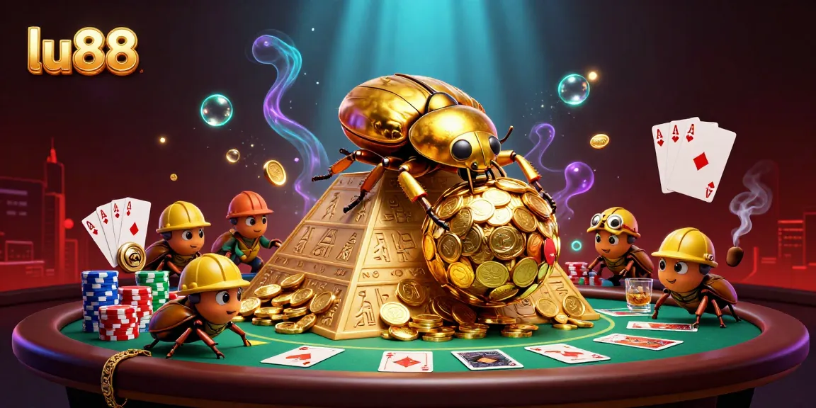Experience excitement and thrills at lu88 with vibrant casino-themed 3D illustration showing a golden beetle and coins.