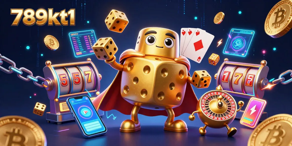Engage with 789kt1 through a vibrant casino-themed digital illustration showcasing a golden dice golem and crypto elements.