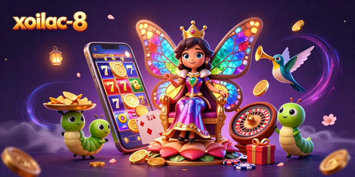Xoilac-8 promotional art with a vibrant butterfly queen and engaging casino elements.