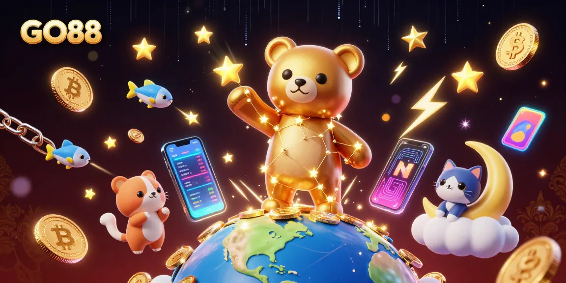 Engage with GO88's thrilling gaming world as the constellation bear collects coins surrounded by neon crypto elements.