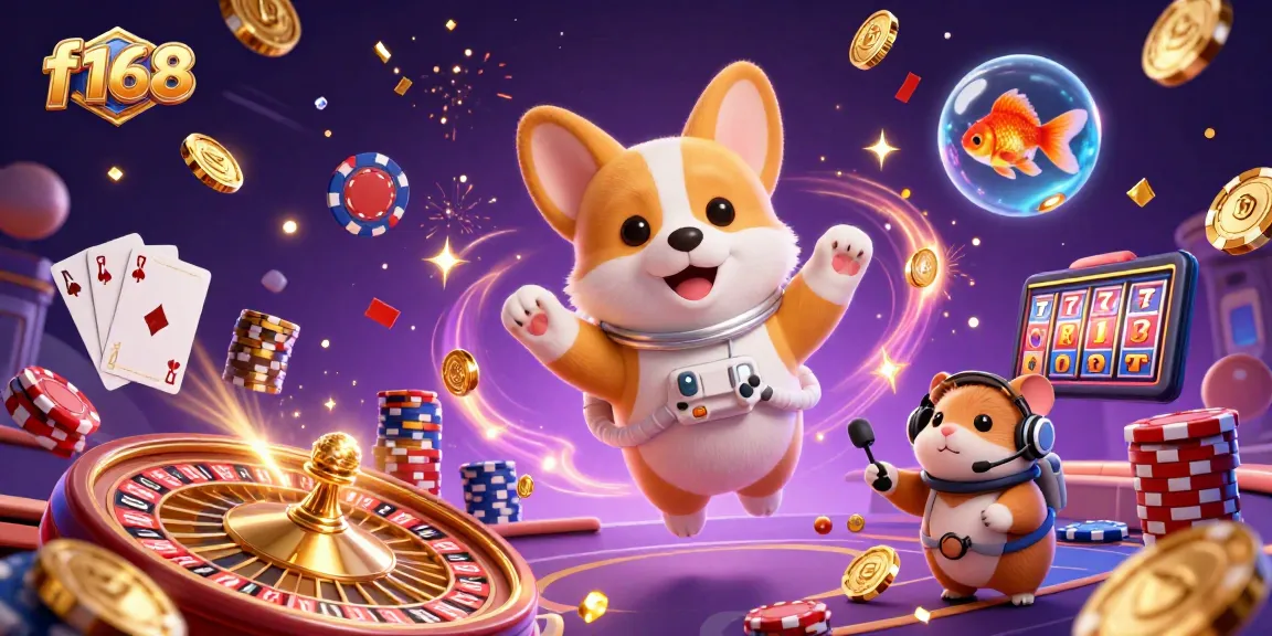 f168 casino fun with a corgi in space, poker chips, and golden coins drifting everywhere
