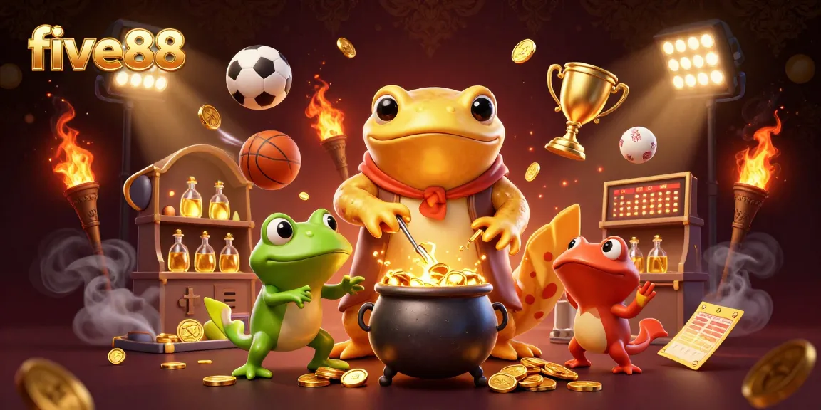 five88 gamers collect gold coins in a dynamic digital alchemist scene with bubbling cauldrons and sports elements.